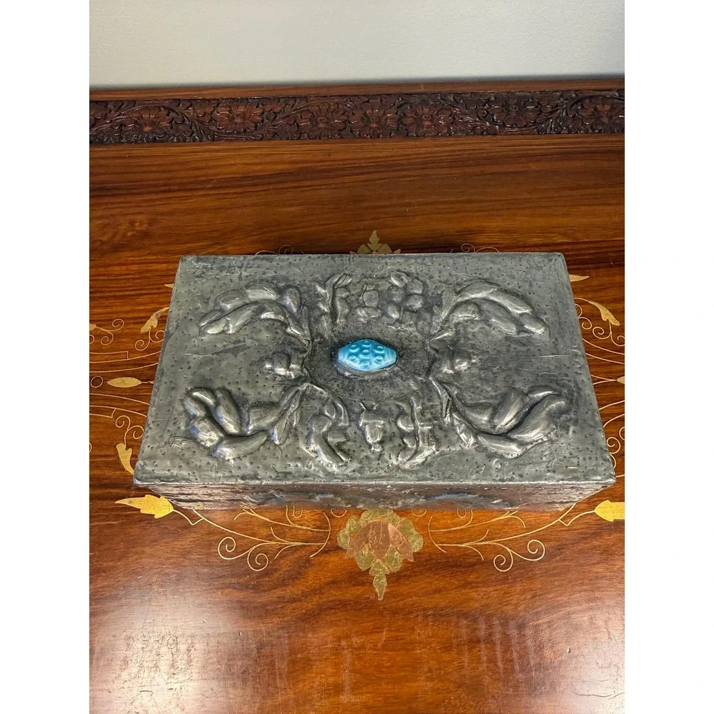 Antique Art Nouveau Pewter Box • Repoussé Jewelry Casket w/ Blue Glass Cabochon